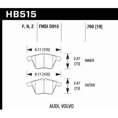 Колодки тормозные HB515N.760 HAWK HP+ передние Audi / VW Колодки тормозные HB515N.760 HAWK HP+ передние Audi / VW