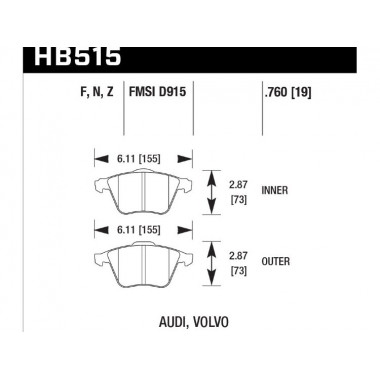 Колодки тормозные HB515N.760 HAWK HP+ передние Audi / VW Колодки тормозные HB515N.760 HAWK HP+ передние Audi / VW
