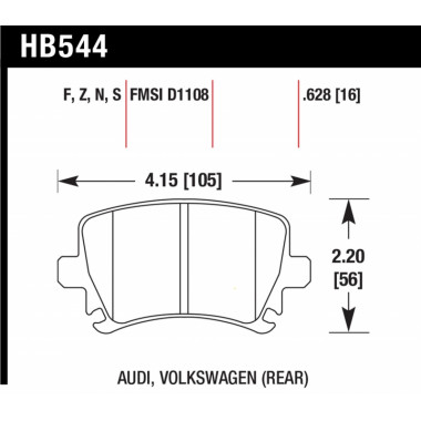Колодки тормозные HB544N.628 HAWK HP+ задние AUDI TT 8J, A6, Allroad 4H, A3 / VW Golf 5,6 , Passat C Колодки тормозные HB544N.628 HAWK HP+ задние AUDI TT 8J, A6, Allroad 4H, A3 / VW Golf 5,6 , Passat C
