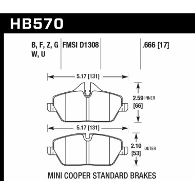 Колодки тормозные HB570F.666 HAWK HPS передние MINI COOPER 2 (R56) / BMW 1 (E87) 116i, 118i Колодки тормозные HB570F.666 HAWK HPS передние MINI COOPER 2 (R56) / BMW 1 (E87) 116i, 118i