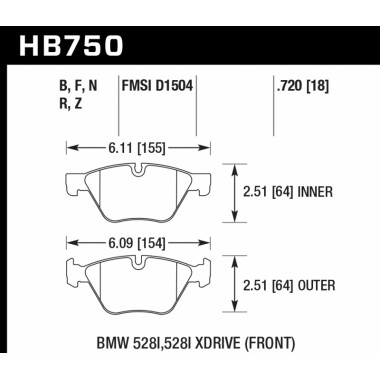 Колодки тормозные HB750B.720 HAWK HPS 5.0 BMW 5 F10; 5 F11; 5 F18; 18mm Колодки тормозные HB750B.720 HAWK HPS 5.0 BMW 5 F10; 5 F11; 5 F18; 18mm