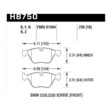 Колодки тормозные HB750N.720 HAWK HP PLUS BMW 5 F10; 5 F11; 5 F18; 18mm Колодки тормозные HB750N.720 HAWK HP PLUS BMW 5 F10; 5 F11; 5 F18; 18mm